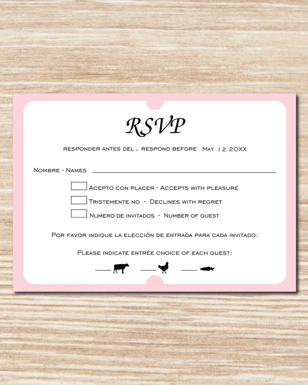 Minimalist Pink Border Simple Flat 5x7 Spanish & English Wedding Invitation