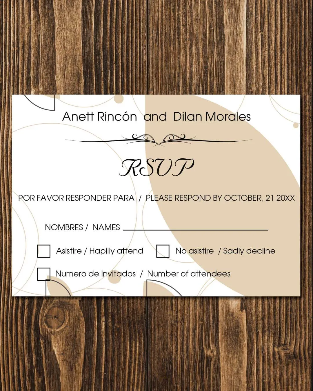 Beige Abstract Shapes Simple Flat 5x7 Spanish & English Wedding Invitation