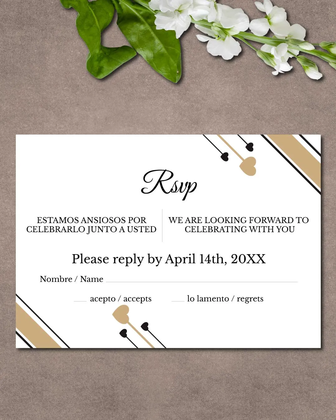 Elegant Beige and Black Simple Flat 5x7 Spanish & English Wedding Invitation
