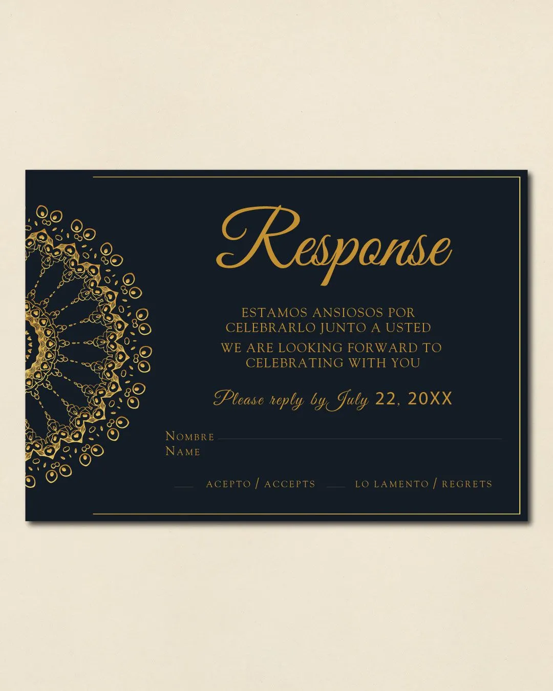 Elegant Golden Mandala Simple Flat 5x7 Spanish & English Wedding Invitation