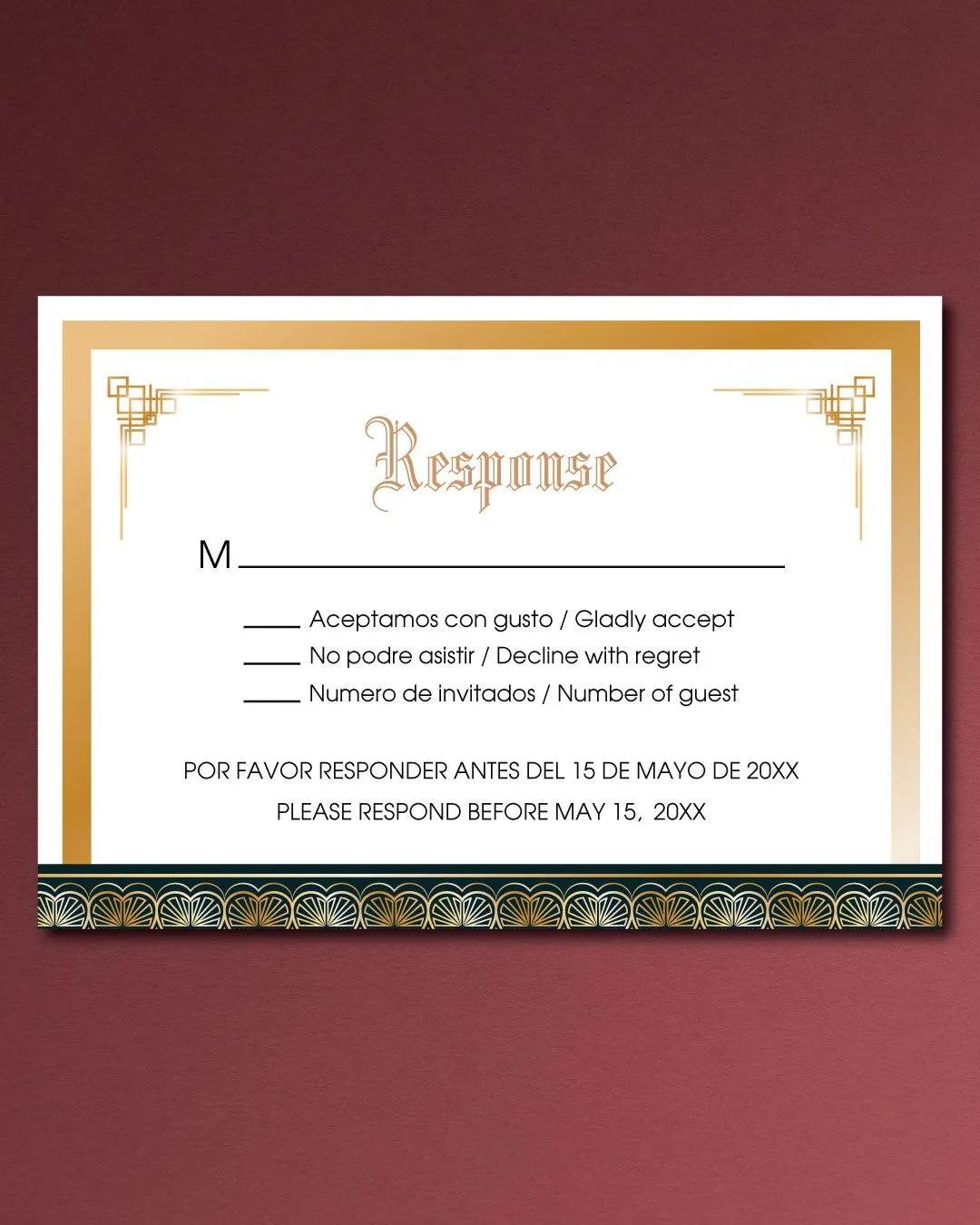 Gatsby Style In Gold Simple Flat 5x7 Spanish & English Wedding Invitation