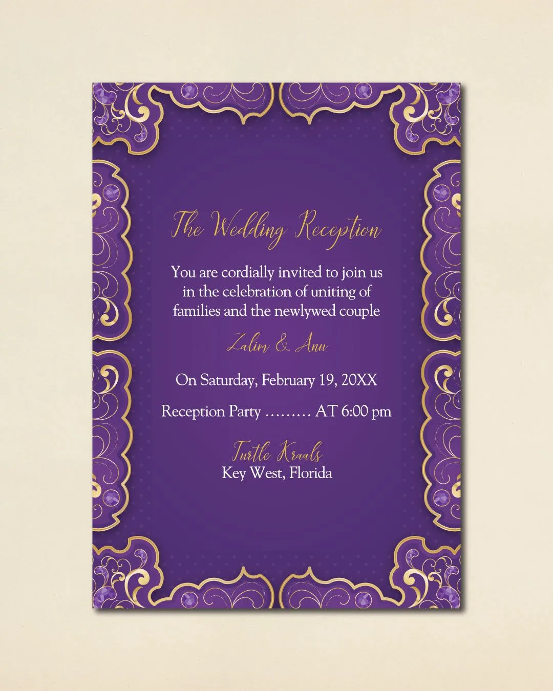 Round Purple and Gold Indian Wedding Invitation