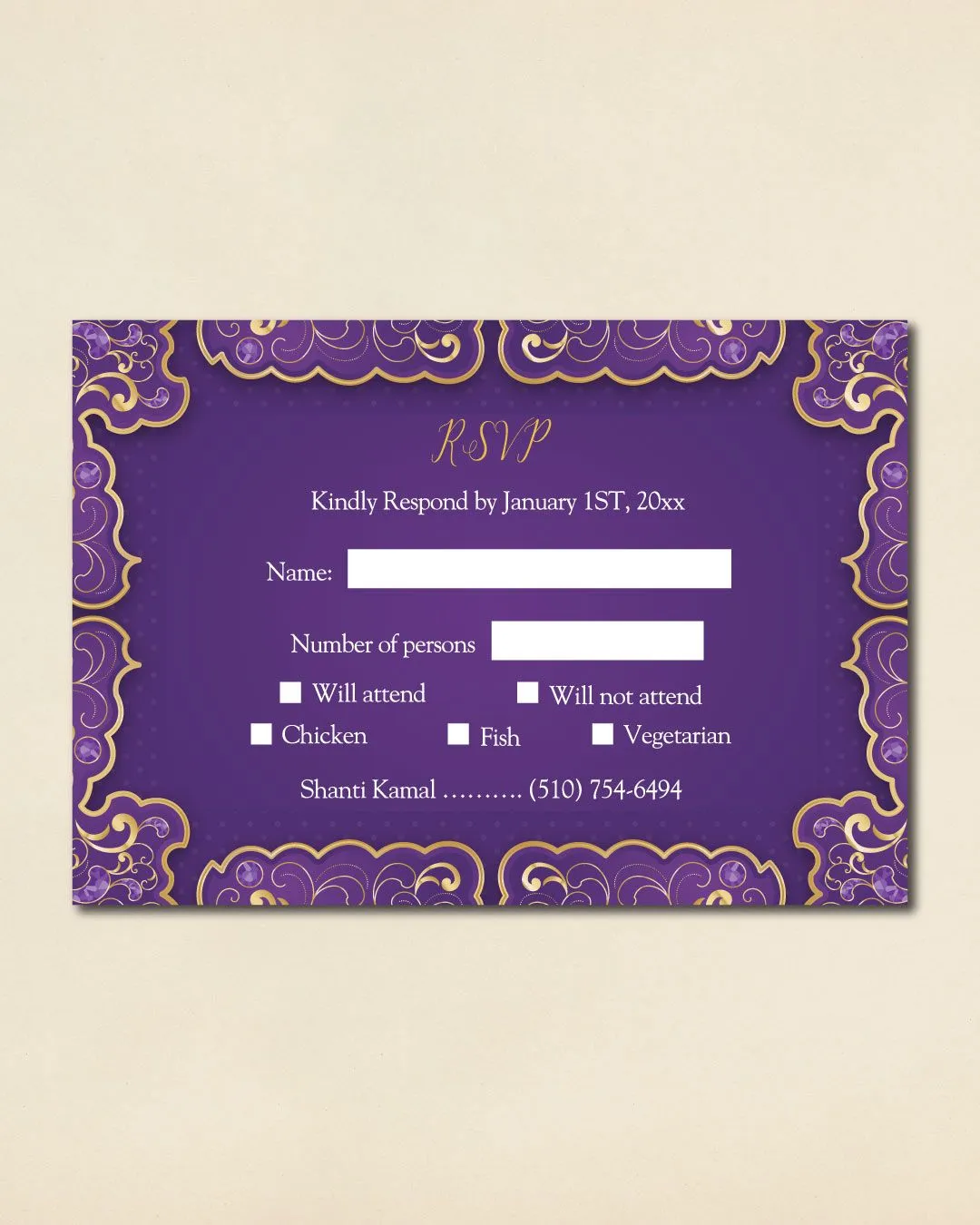 Round Purple and Gold Indian Wedding Invitation