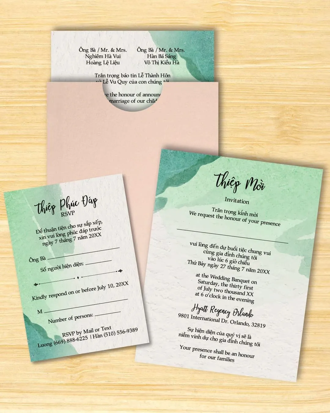 Green Simple Watercolor A7 Sleeve Pocket Vietnamese & English Wedding Invitation
