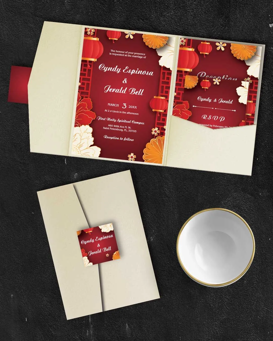 Red and White Oriental A7.5 Himalaya Pocket Wedding Invitation