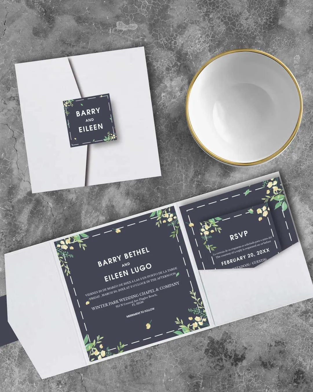 Gray Design with Flowers 6 1/4 Square Himalaya Pocket Spanish & English Wedding Invitation
