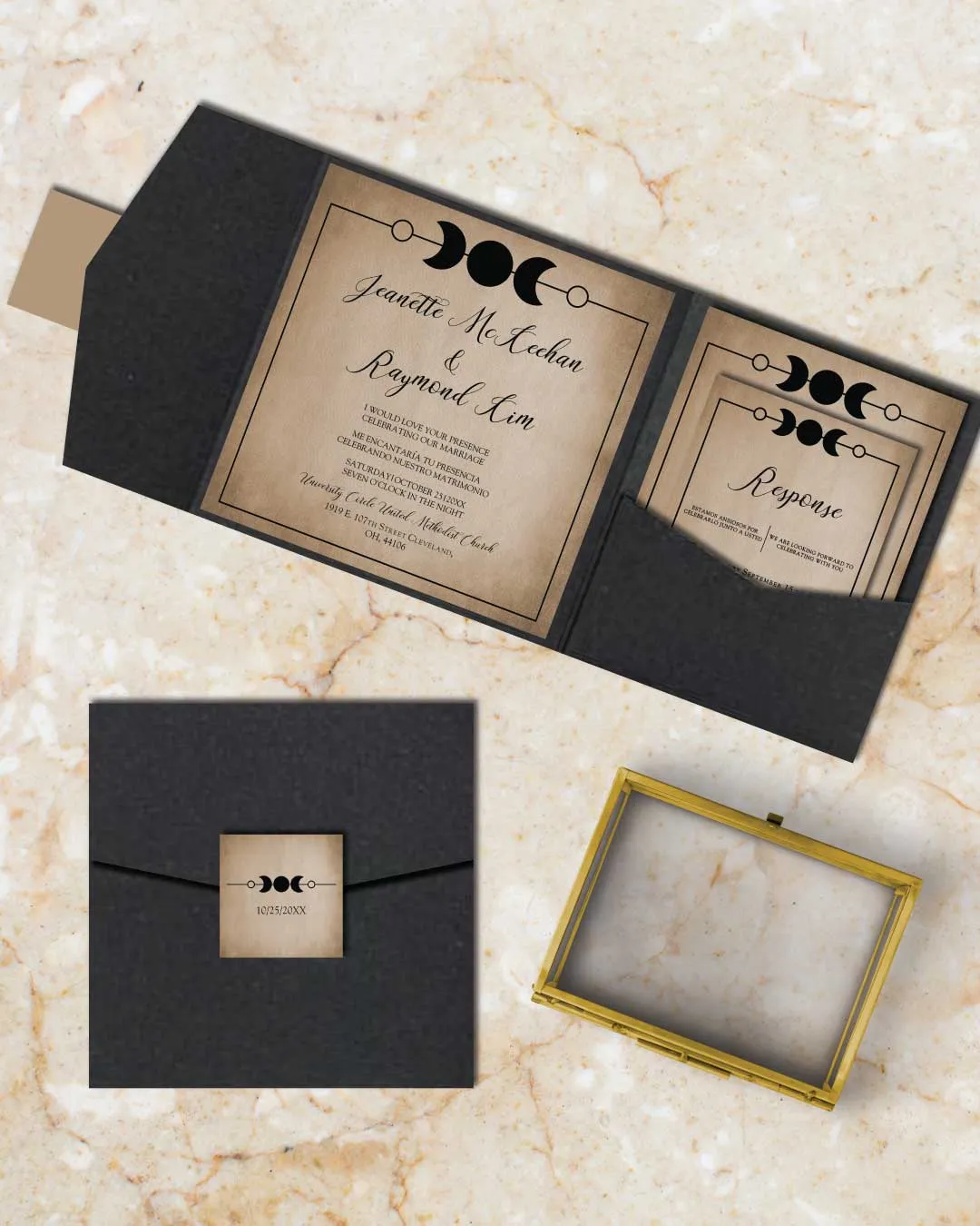 Ancient Moon 6 1/4 Square Himalaya Pocket Spanish & English Wedding Invitation