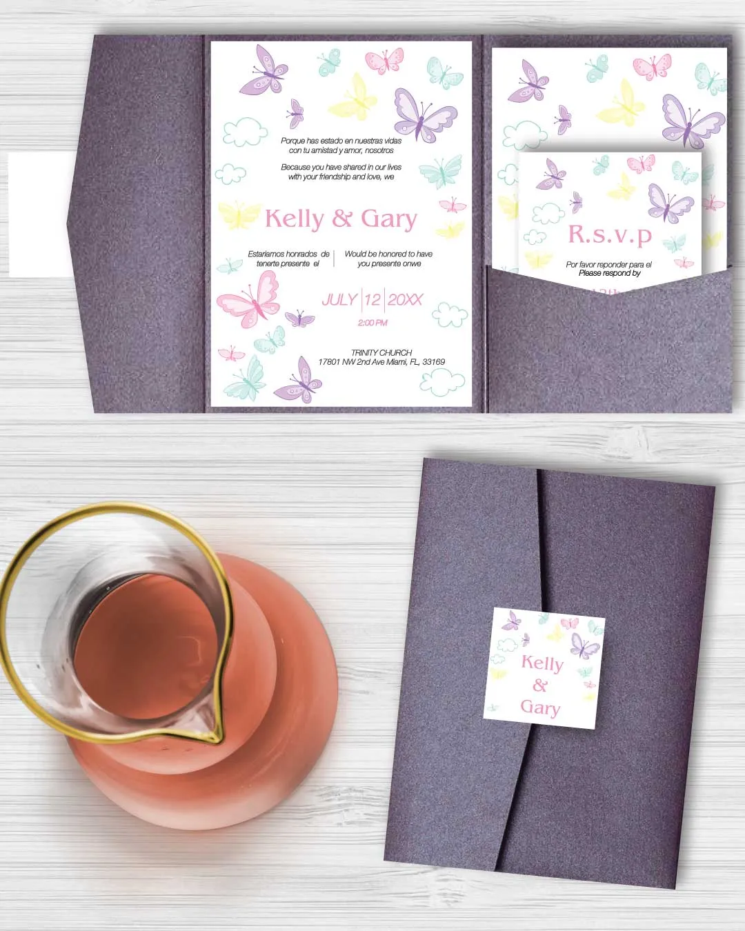 Multicolored Butterflies A7.5 Himalaya Pocket Spanish & English Wedding Invitation