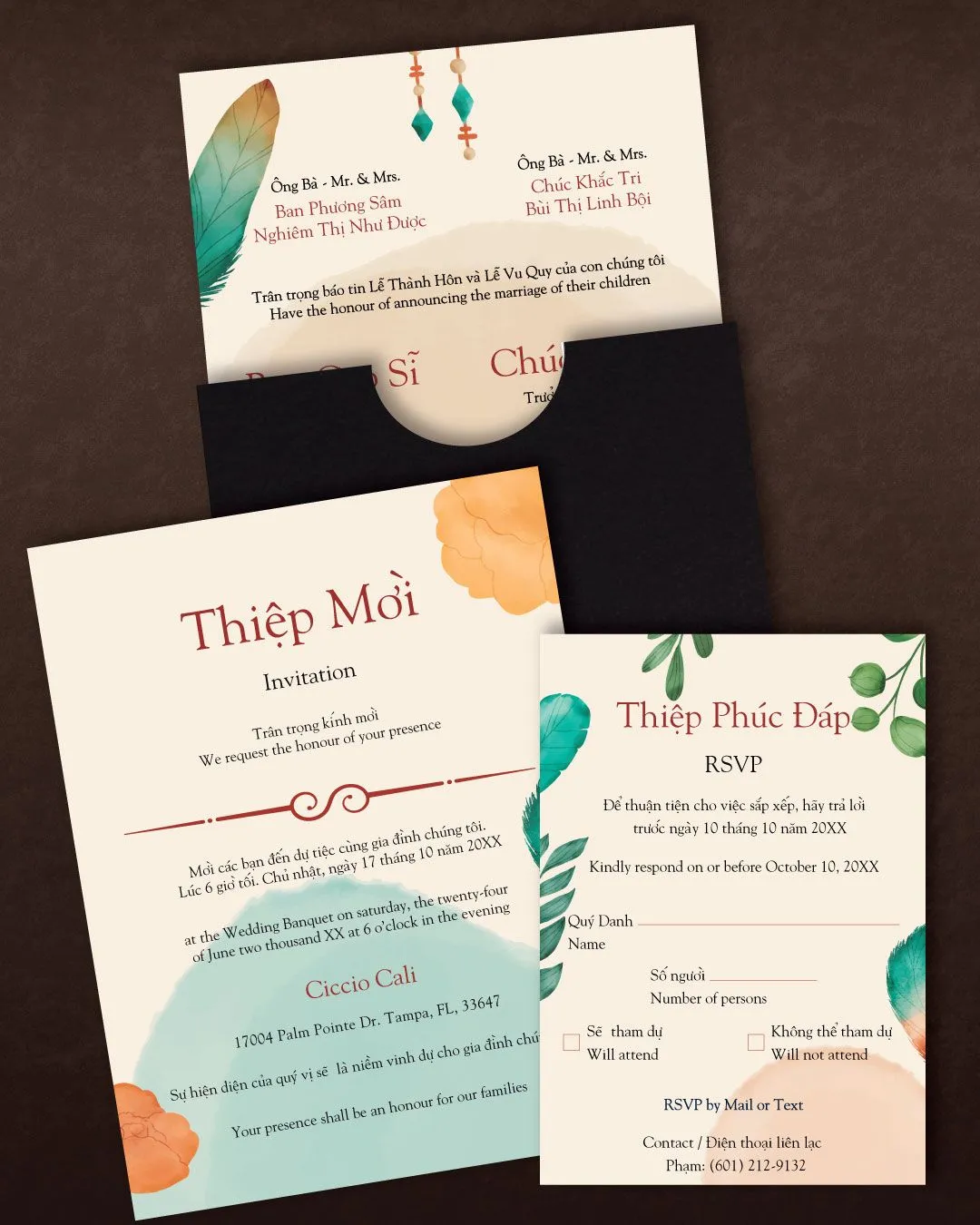 Watercolor Boho Leaves A7 Sleeve Pocket Vietnamese & English Wedding Invitation