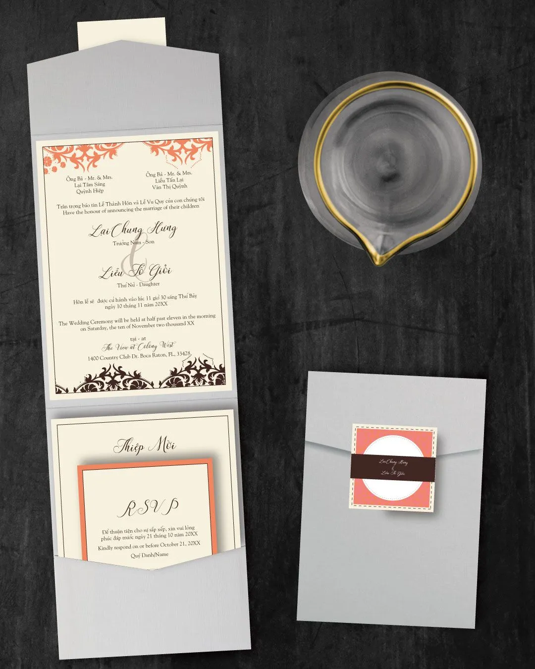 Retro Design Lace A7 Cascade Pocket Vietnamese & English Wedding Invitation