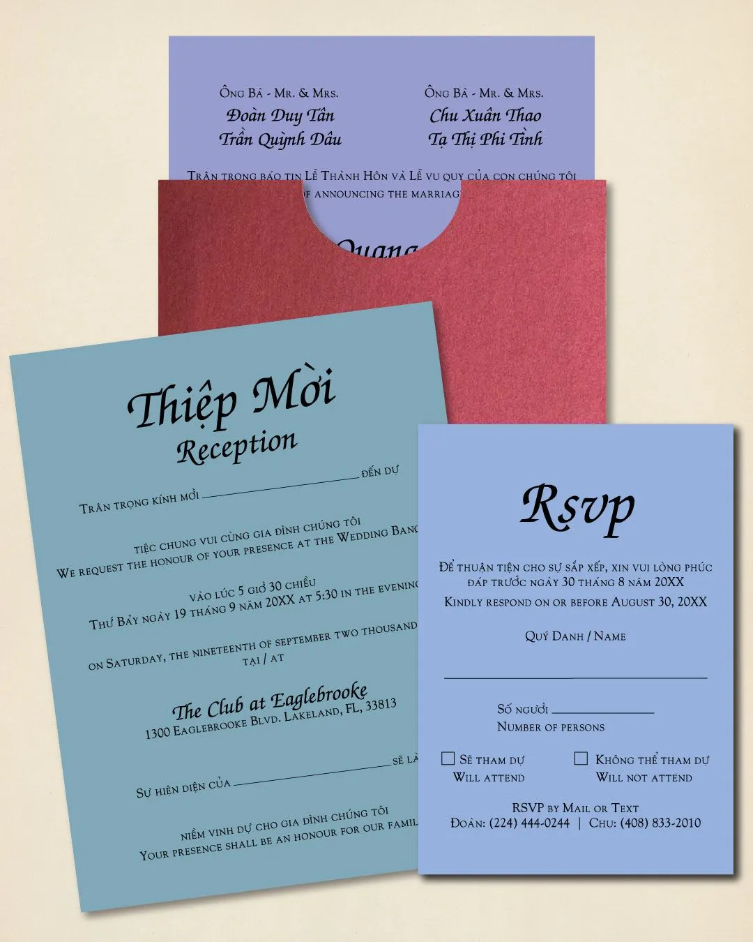 Unicolor Varied A7 Sleeve Pocket Vietnamese & English Wedding Invitation