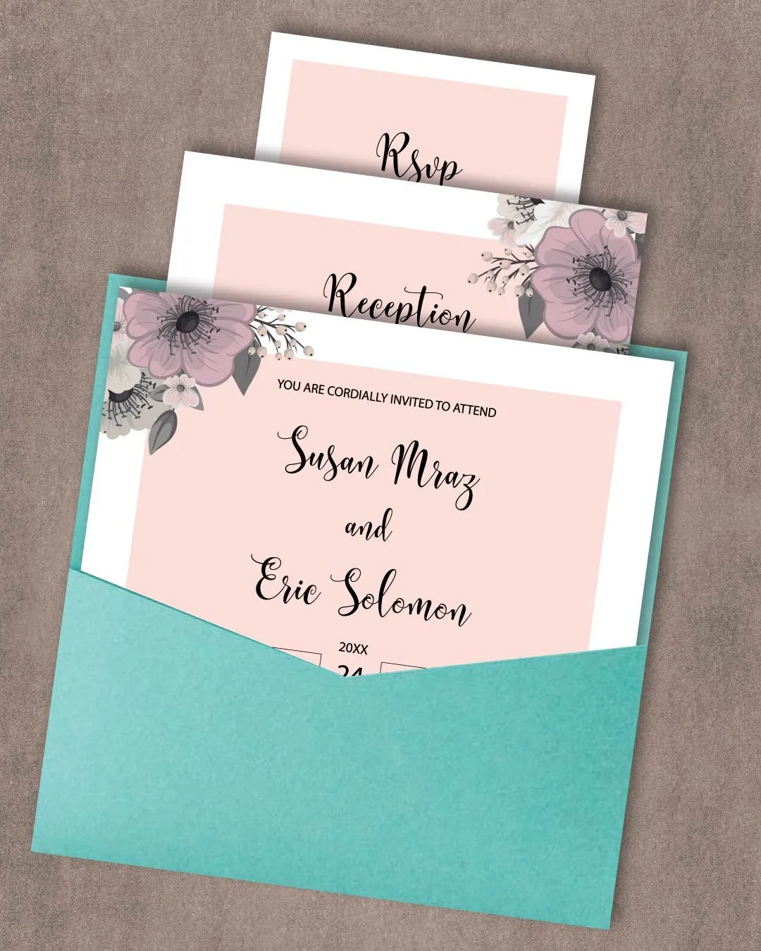 Tender Opaque Flowers 6 1/4 Square Denali Pocket Wedding Invitation