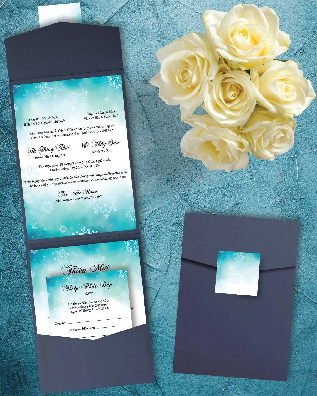 Watercolor Winter Degraded A7 Cascade Pocket Vietnamese & English Wedding Invitation