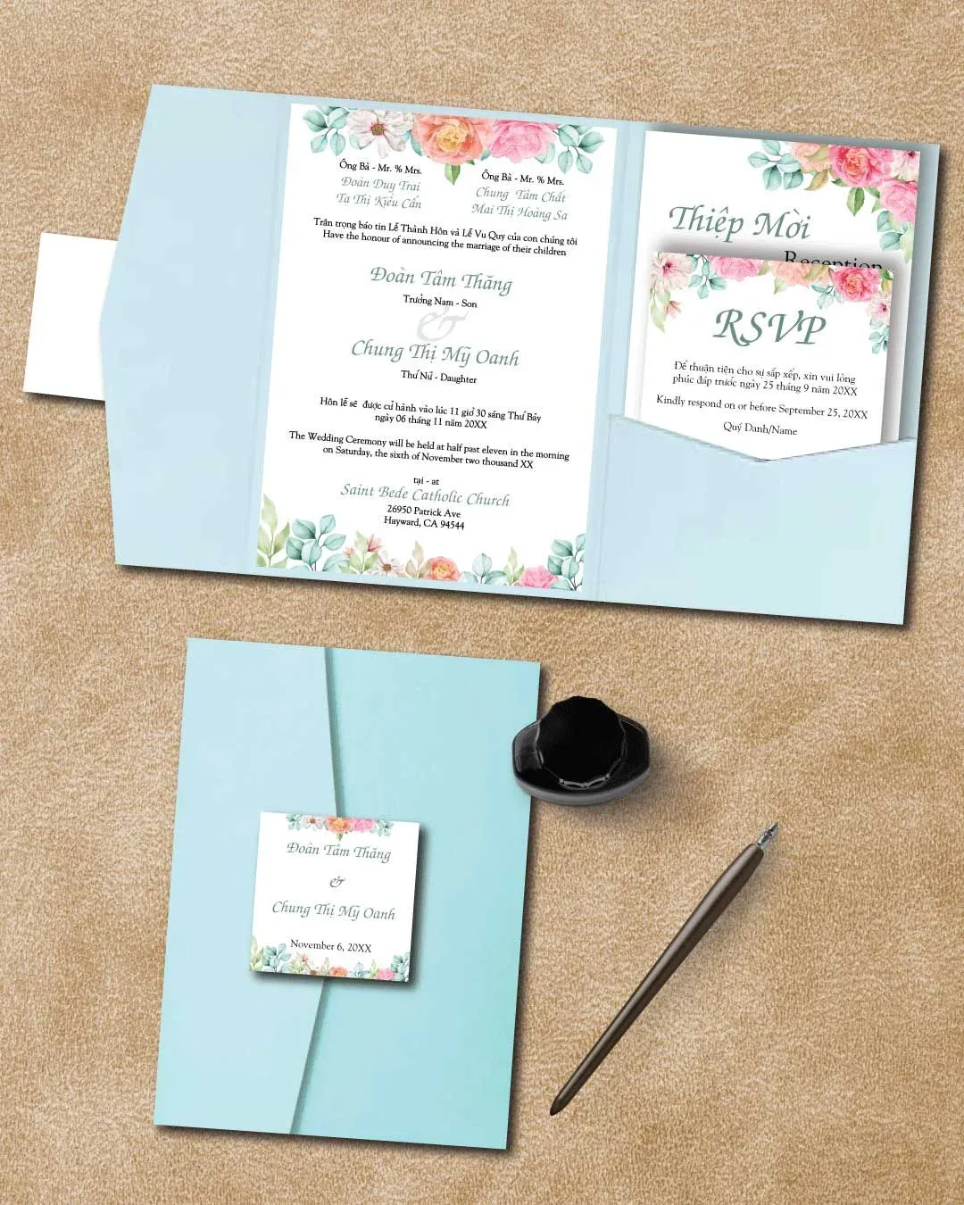 Vibrant Colorful Flowers A7 Himalaya Pocket Vietnamese & English Wedding Invitation