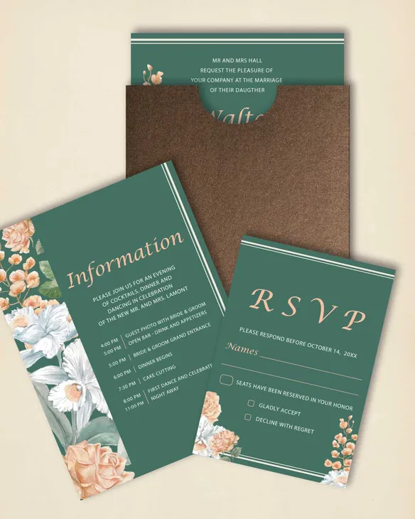 Pastel Flowers Green A7 Sleeve Pocket Wedding Invitation