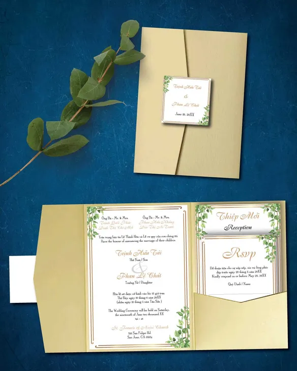 Gold Frame And Jungle A7 Himalaya Pocket Vietnamese & English Wedding Invitation