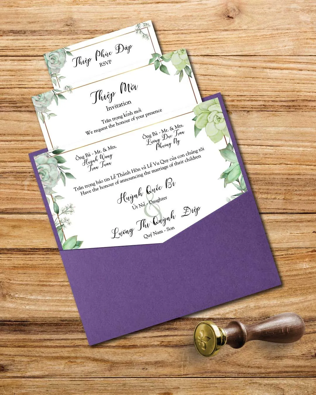Succulent Green 6 1/4 Square Denali Pocket Vietnamese & English Wedding Invitation