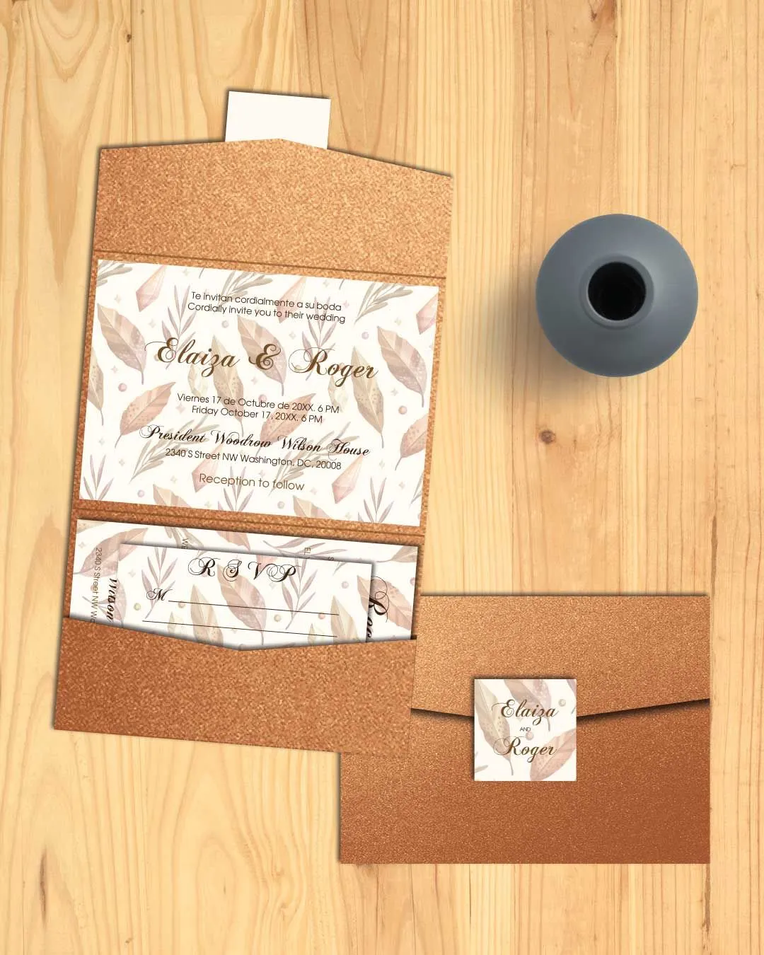 Autumn Design Robert A7 Atlas Pocket Spanish & English Wedding Invitation
