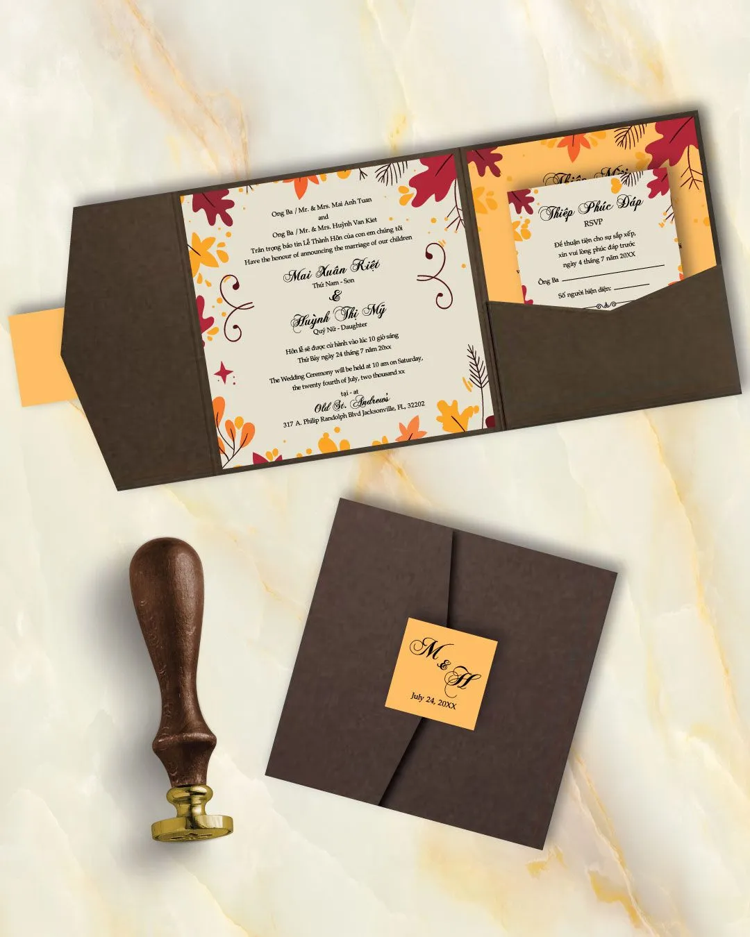Autumn 6 1/4 Square Himalaya Pocket Vietnamese & English Wedding Invitation