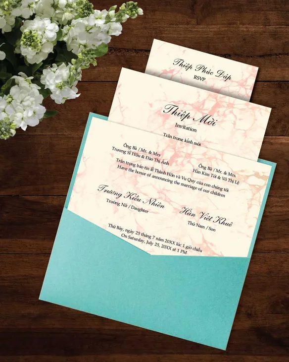 Lovely Marble Pink 6 1/4 Square Denali Pocket Vietnamese & English Wedding Invitation