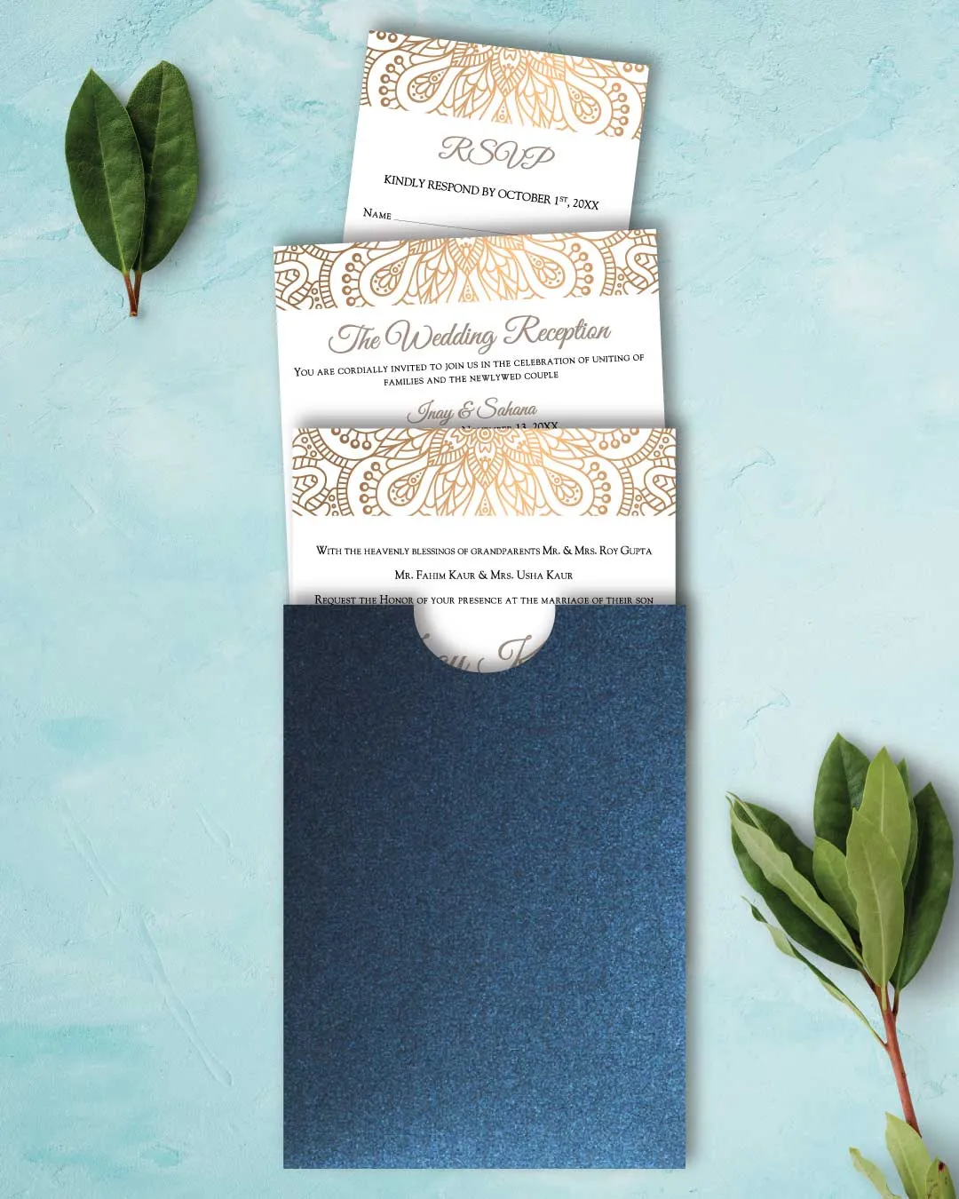 Golden Corner Mandala A7 Sleeve Pocket Wedding Invitation