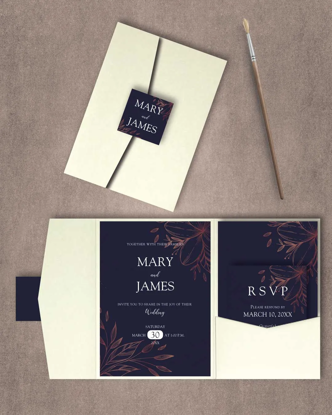 Bright Flower Outline A7.5 Himalaya Pocket Wedding Invitation