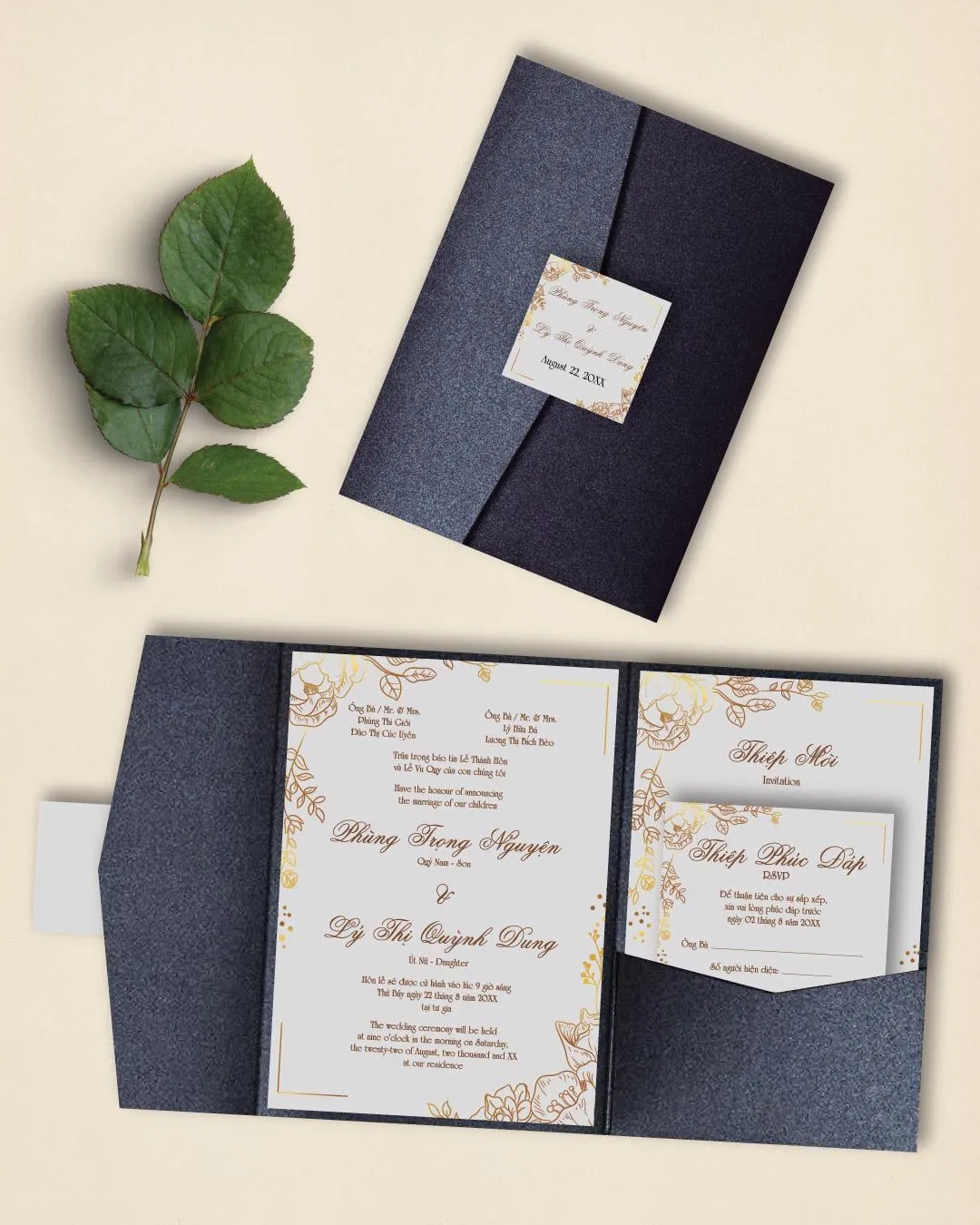 Gradient Golden Leaves A7.5 Himalaya Pocket Vietnamese & English Wedding Invitation