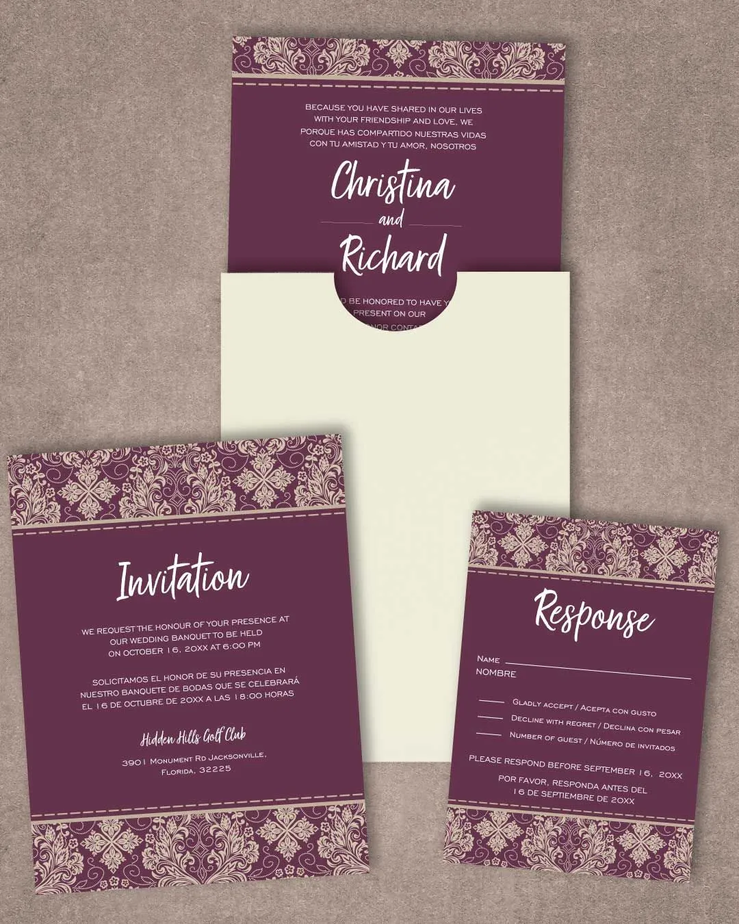 Purple Vintage Design A7 Sleeve Pocket Spanish & English Wedding Invitation
