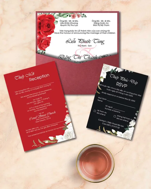 Red Roses 6 1/4 Square Denali Pocket Vietnamese & English Wedding Invitation