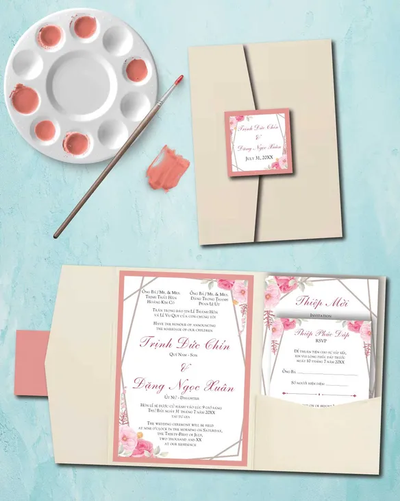 Gray Frame And Flowers A7 Himalaya Pocket Vietnamese & English Wedding Invitation