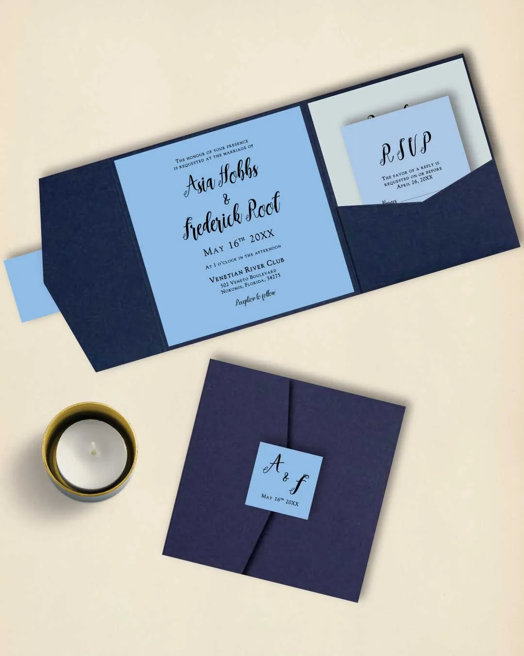 Blue Solid Color 6 1/4 Square Himalaya Pocket Wedding Invitation