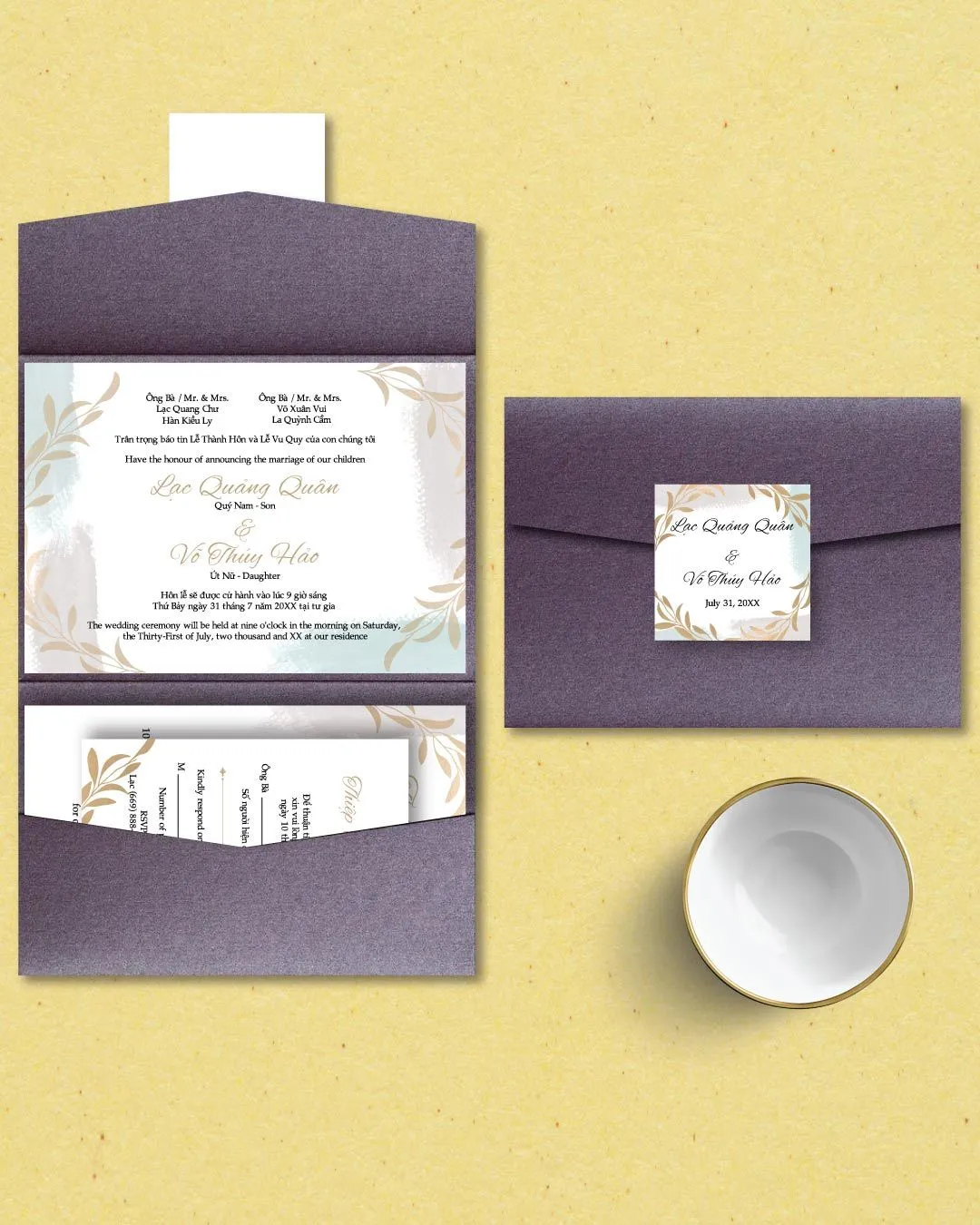 Watercolor and Golden Leaves A7 Atlas Pocket Vietnamese & English Wedding Invitation