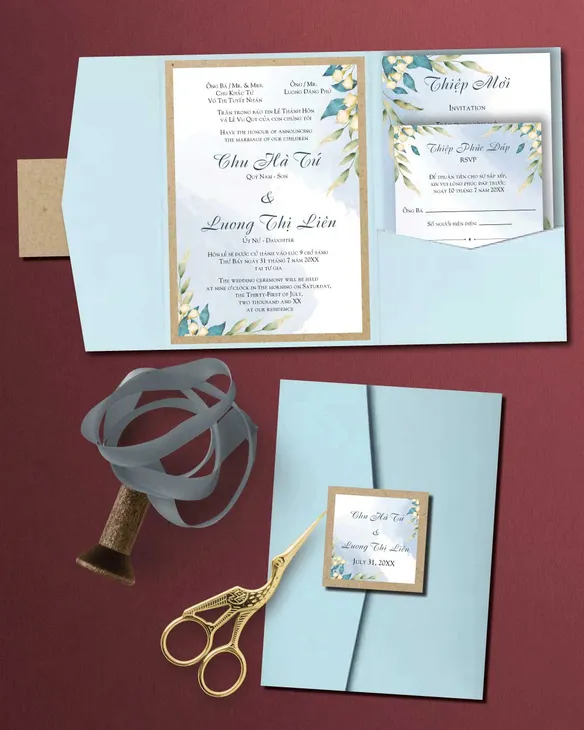 Brown Paper Leaves A7 Himalaya Pocket Vietnamese & English Wedding Invitation