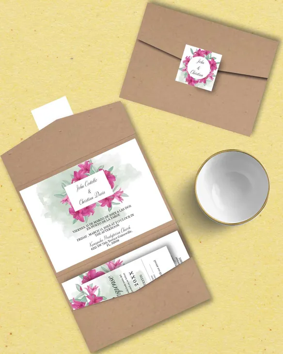 Watercolor Flowers by Nicolas A7 Atlas Pocket Spanish & English Wedding Invitation