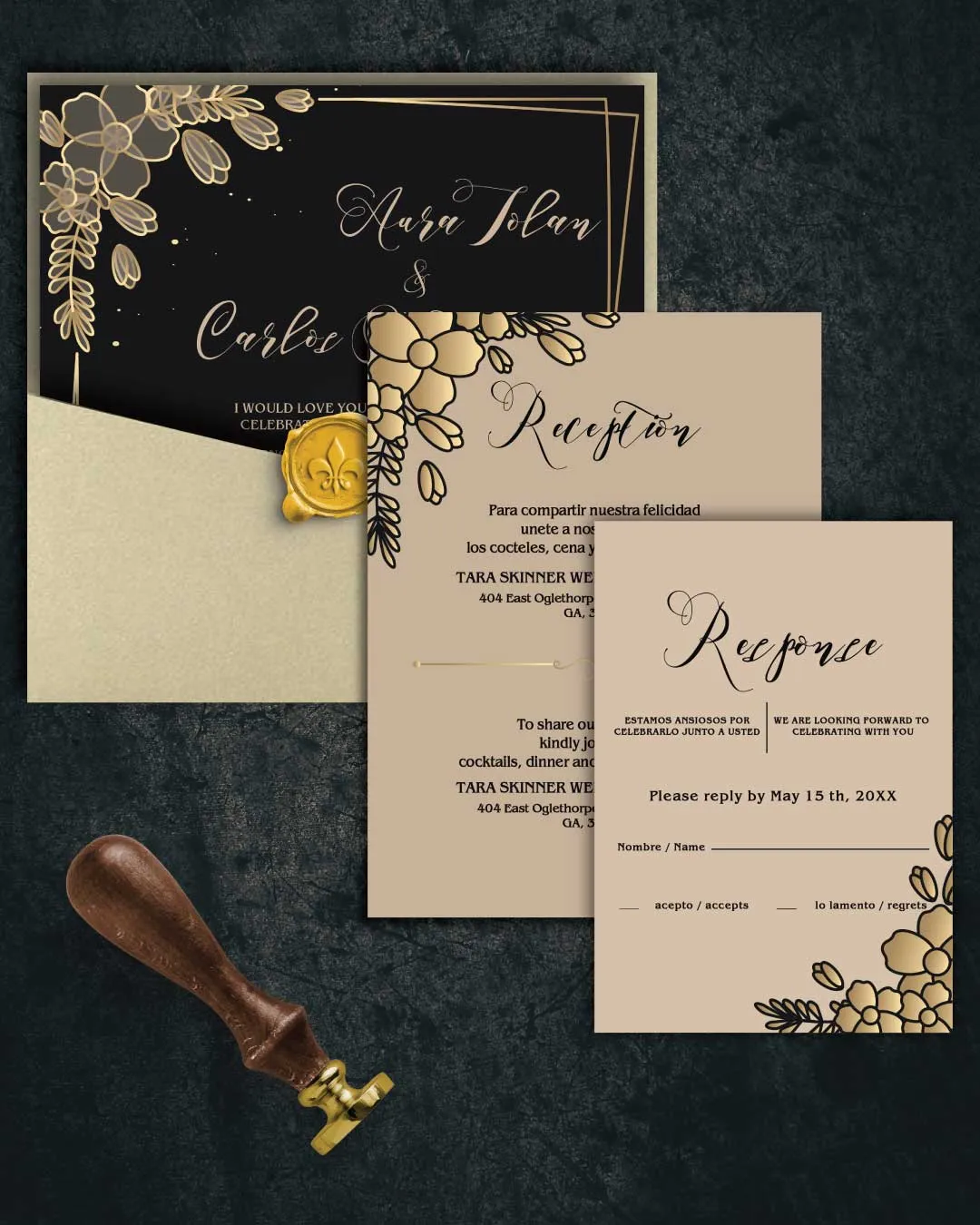 Golden Flowers on Black 6 1/4 Square Denali Pocket Spanish & English Wedding Invitation