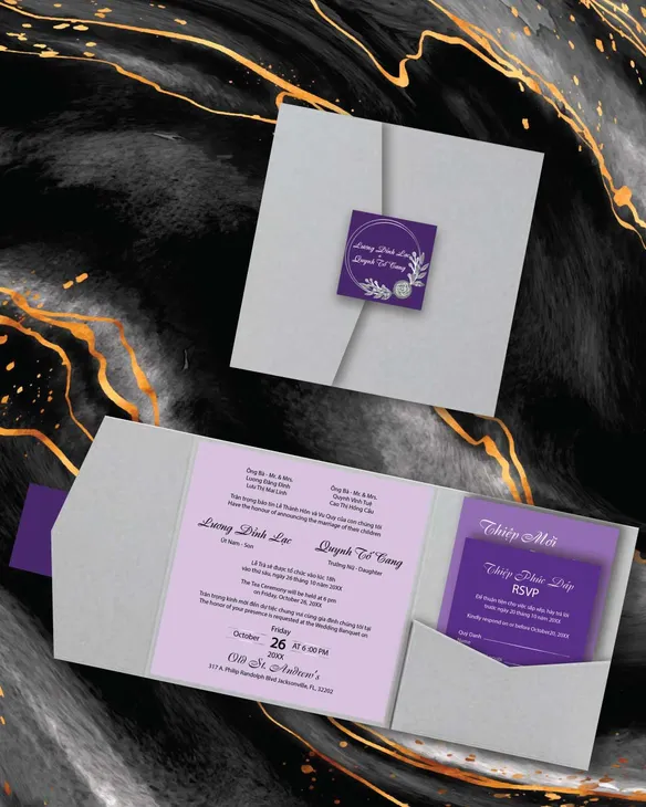 Purple Elegant Design 6 1/4 Square Himalaya Pocket Vietnamese & English Wedding Invitation