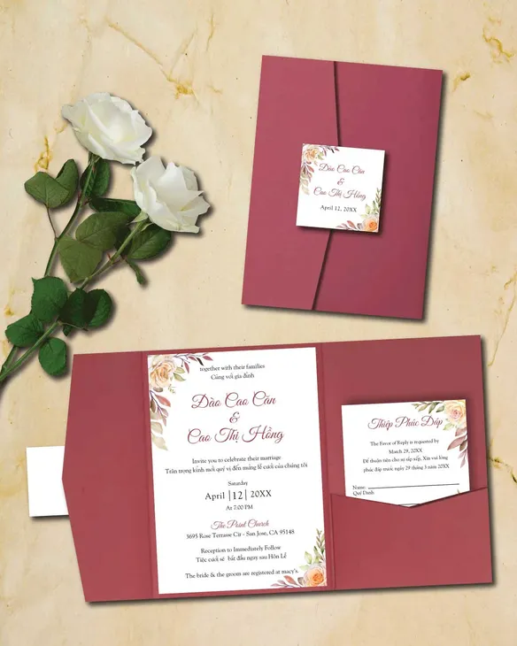 Warm Fall Flowers A7 Himalaya Pocket Vietnamese & English Wedding Invitation