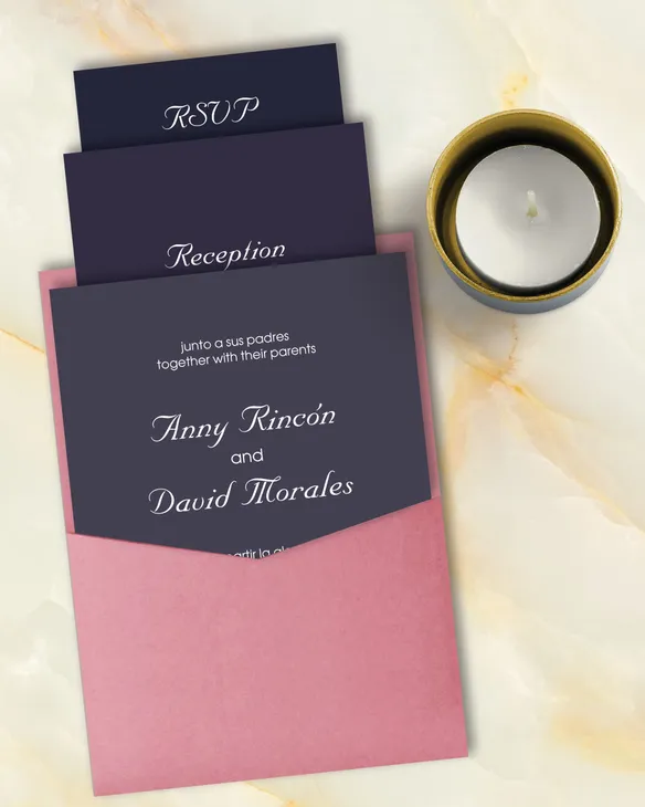 Dark Purple Palette A7 Denali Pocket Spanish & English Wedding Invitation