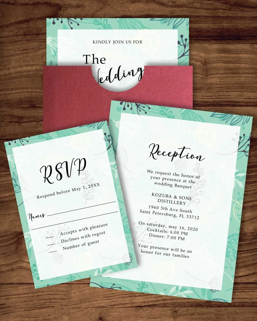 Forest Herbs Blue A7 Sleeve Pocket Wedding Invitation