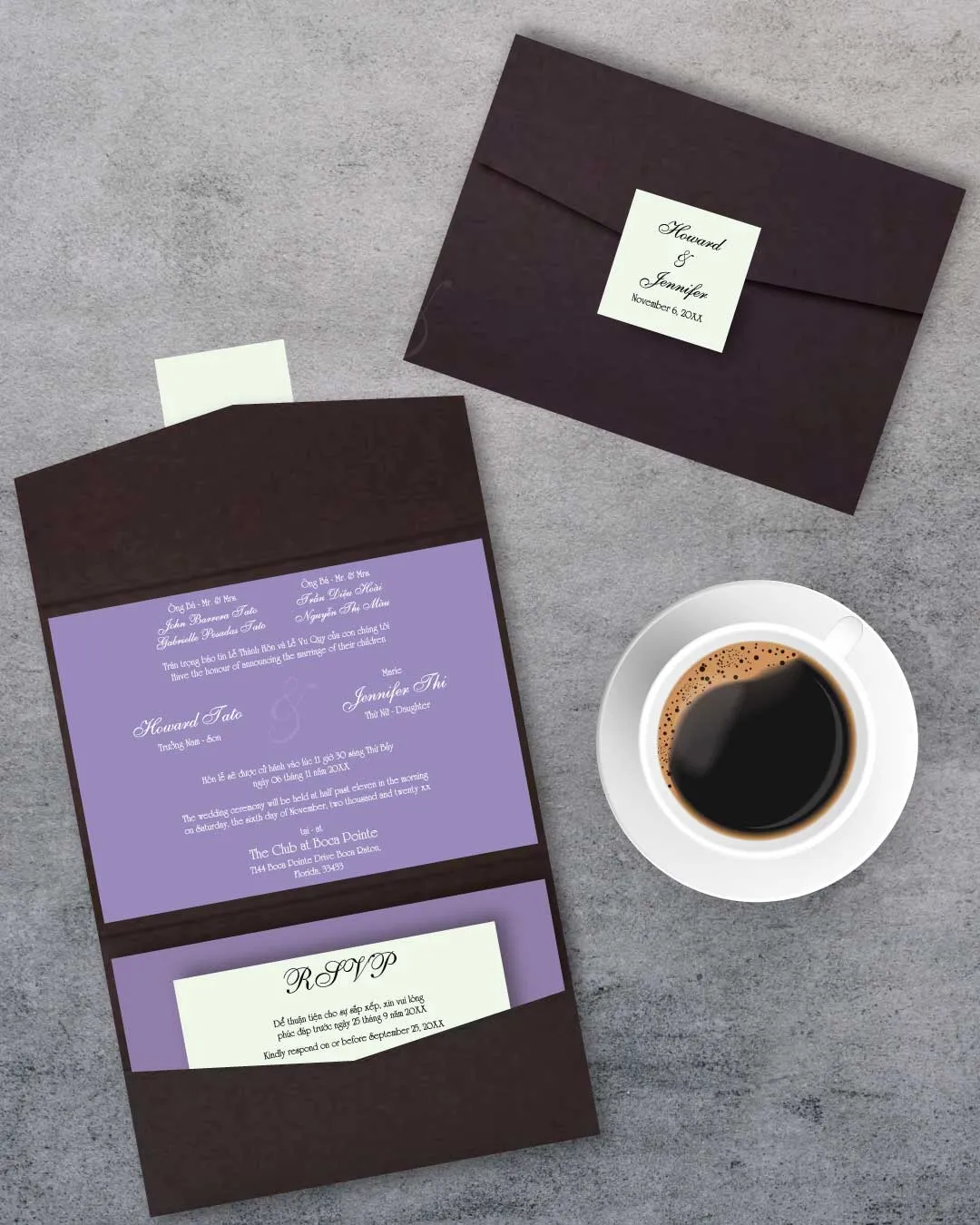 Solid Edith A7 Atlas Pocket Vietnamese & English Wedding Invitation