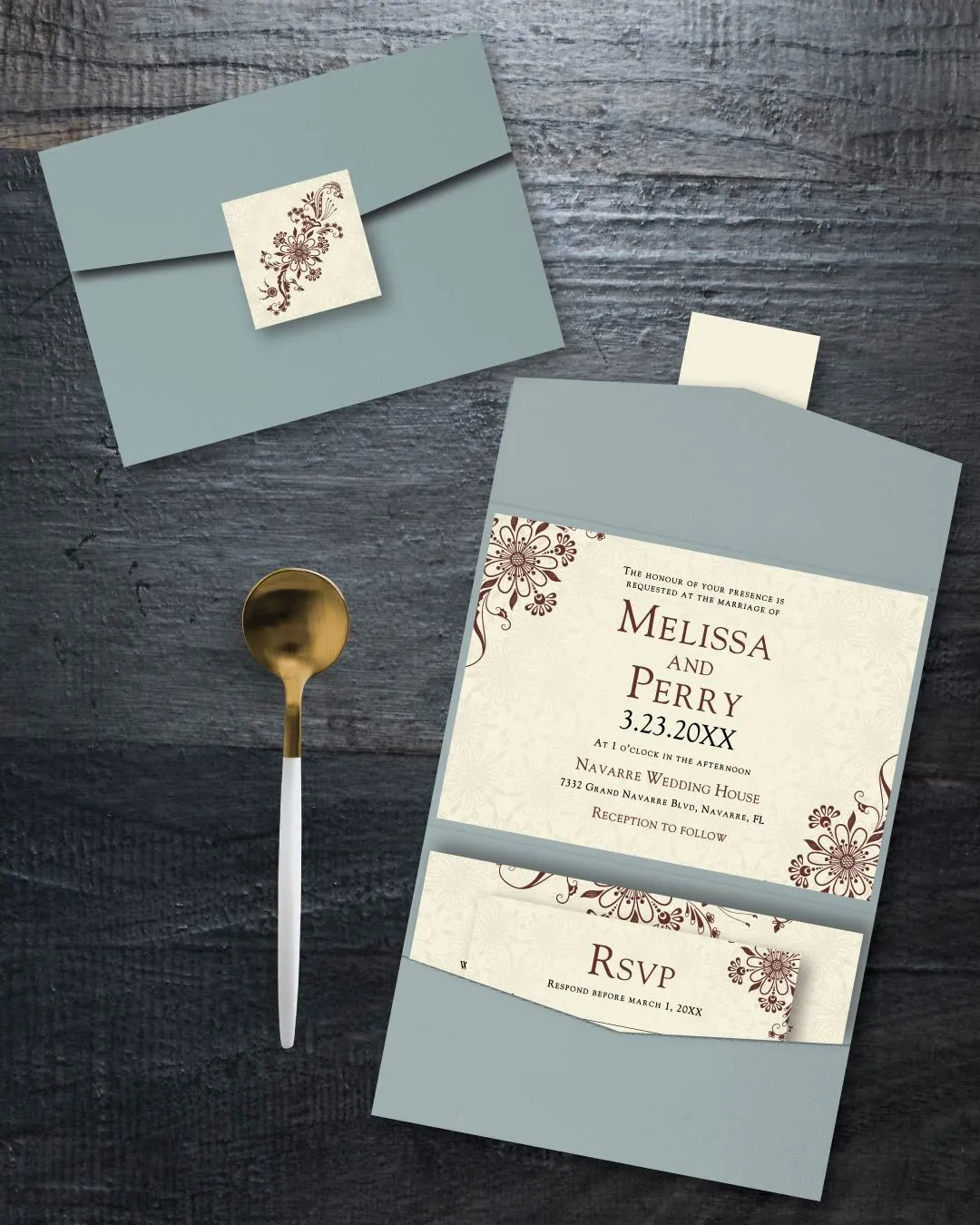 Abstract and Henna A7 Atlas Pocket Wedding Invitation