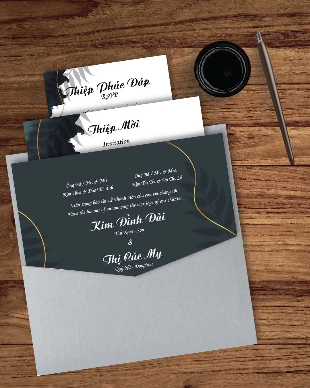 Dark Gray and Leaves 6 1/4 Square Denali Pocket Vietnamese & English Wedding Invitation
