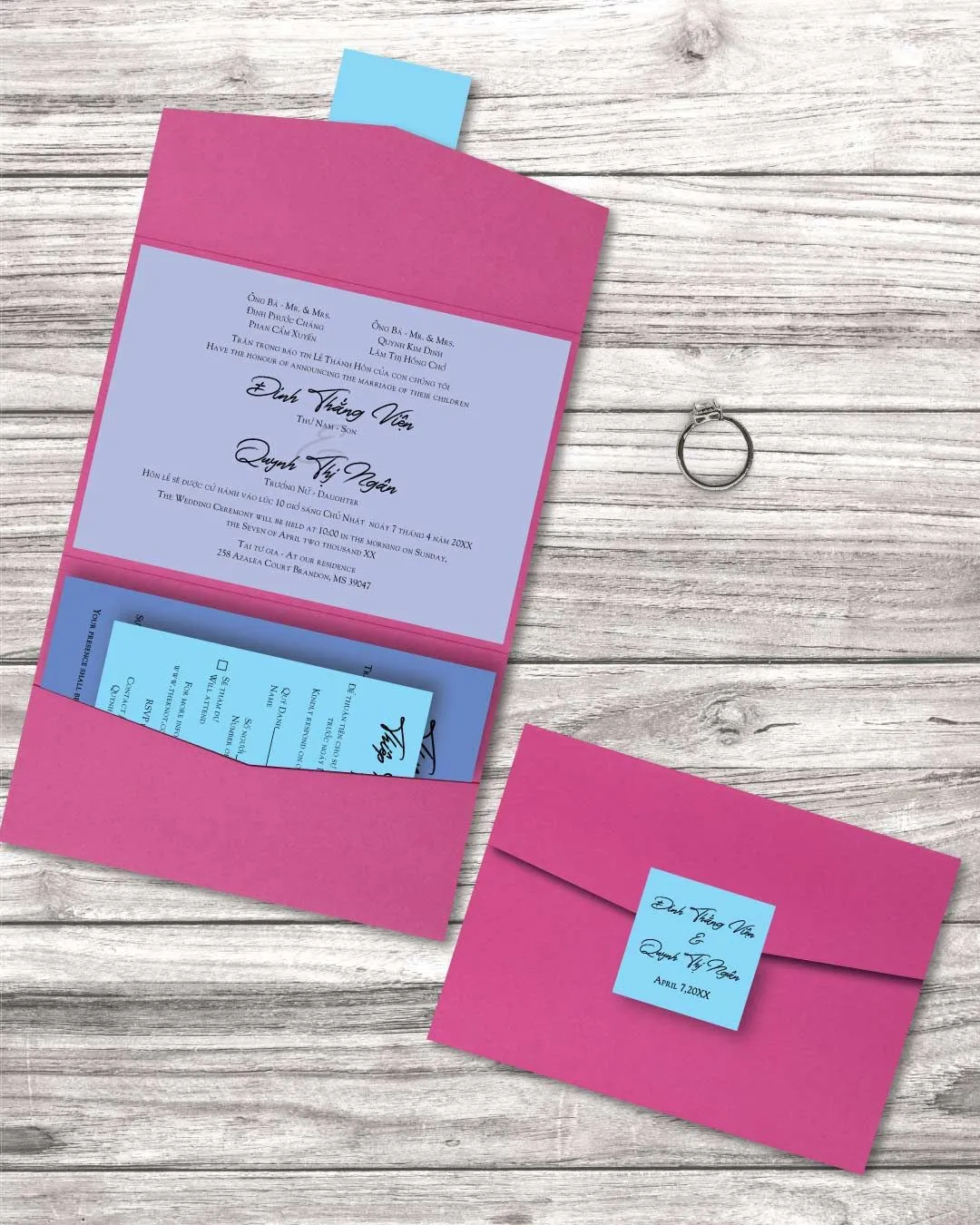 Solid Kimberly A7 Atlas Pocket Vietnamese & English Wedding Invitation