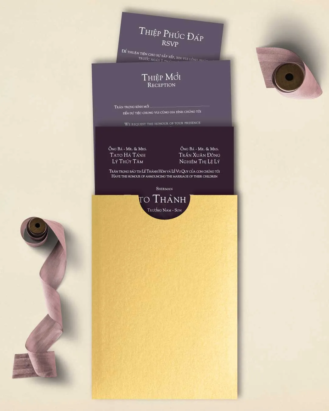 Solid Dark Purple A7 Sleeve Pocket Vietnamese & English Wedding Invitation