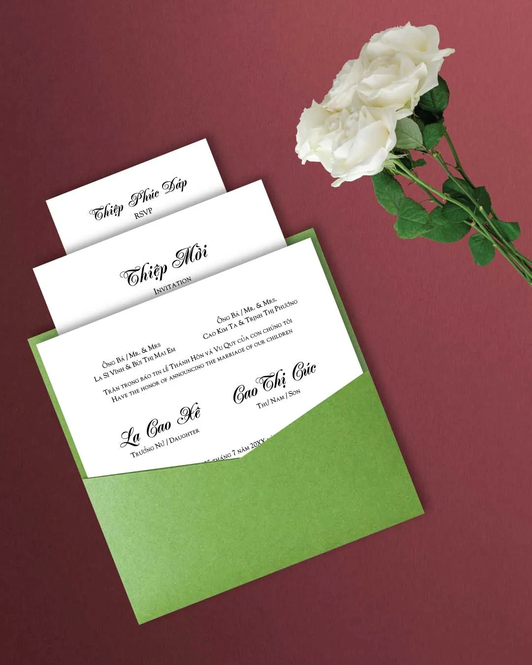 Simple Design White 6 1/4 Square Denali Pocket Vietnamese & English Wedding Invitation