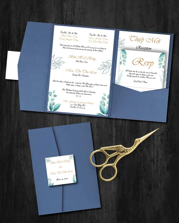 Teal Tropical Design A7 Himalaya Pocket Vietnamese & English Wedding Invitation