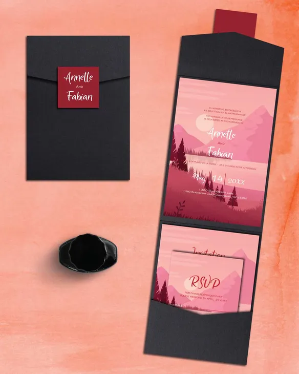 Landscapes in Pink Tones A7 Cascade Pocket Spanish & English Wedding Invitation