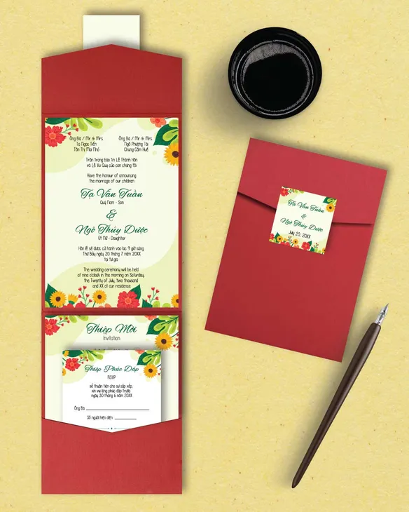Watercolor Green Spring A7 Cascade Pocket Vietnamese & English Wedding Invitation