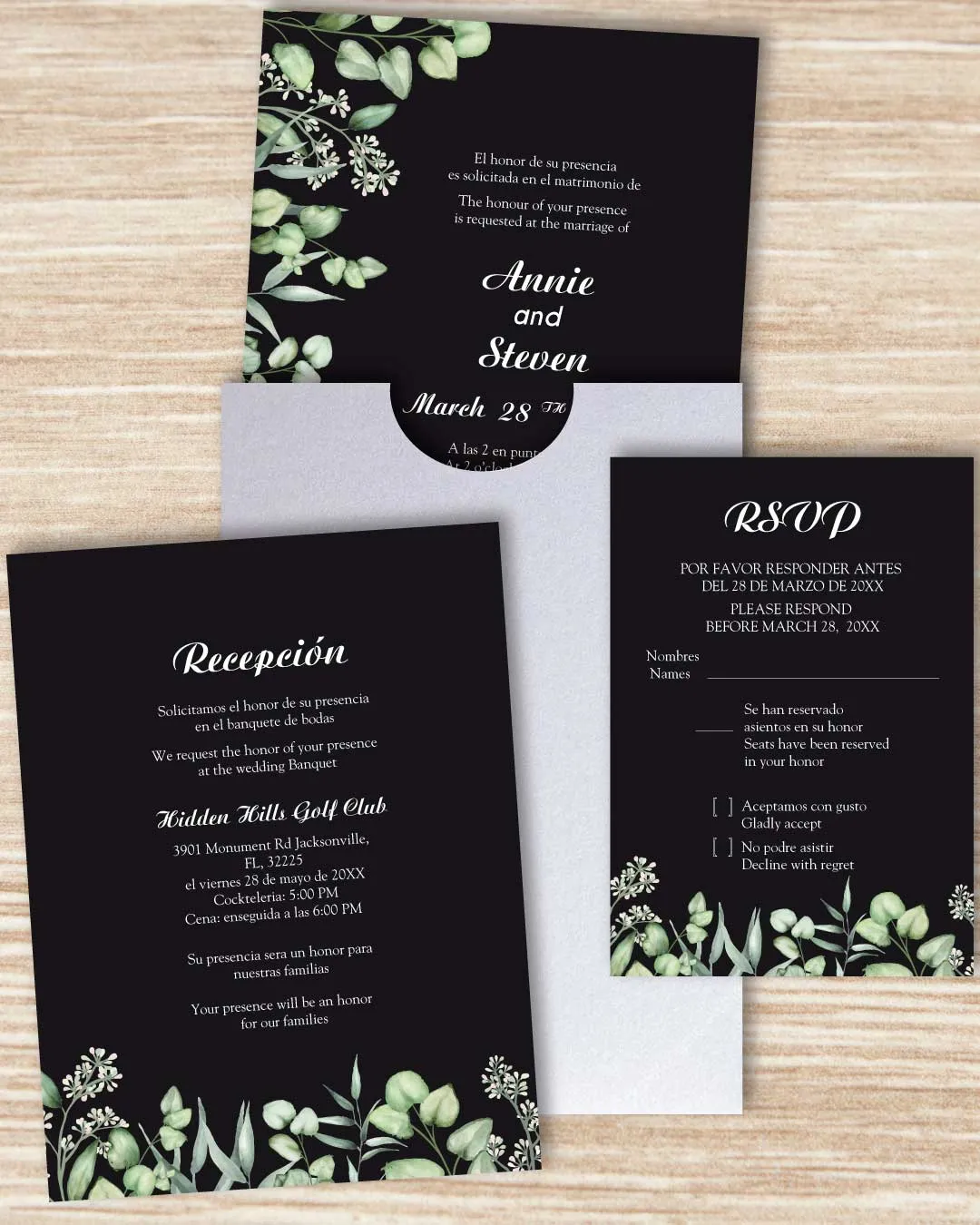 Leaves Black A7 Sleeve Pocket Spanish & English Wedding Invitation