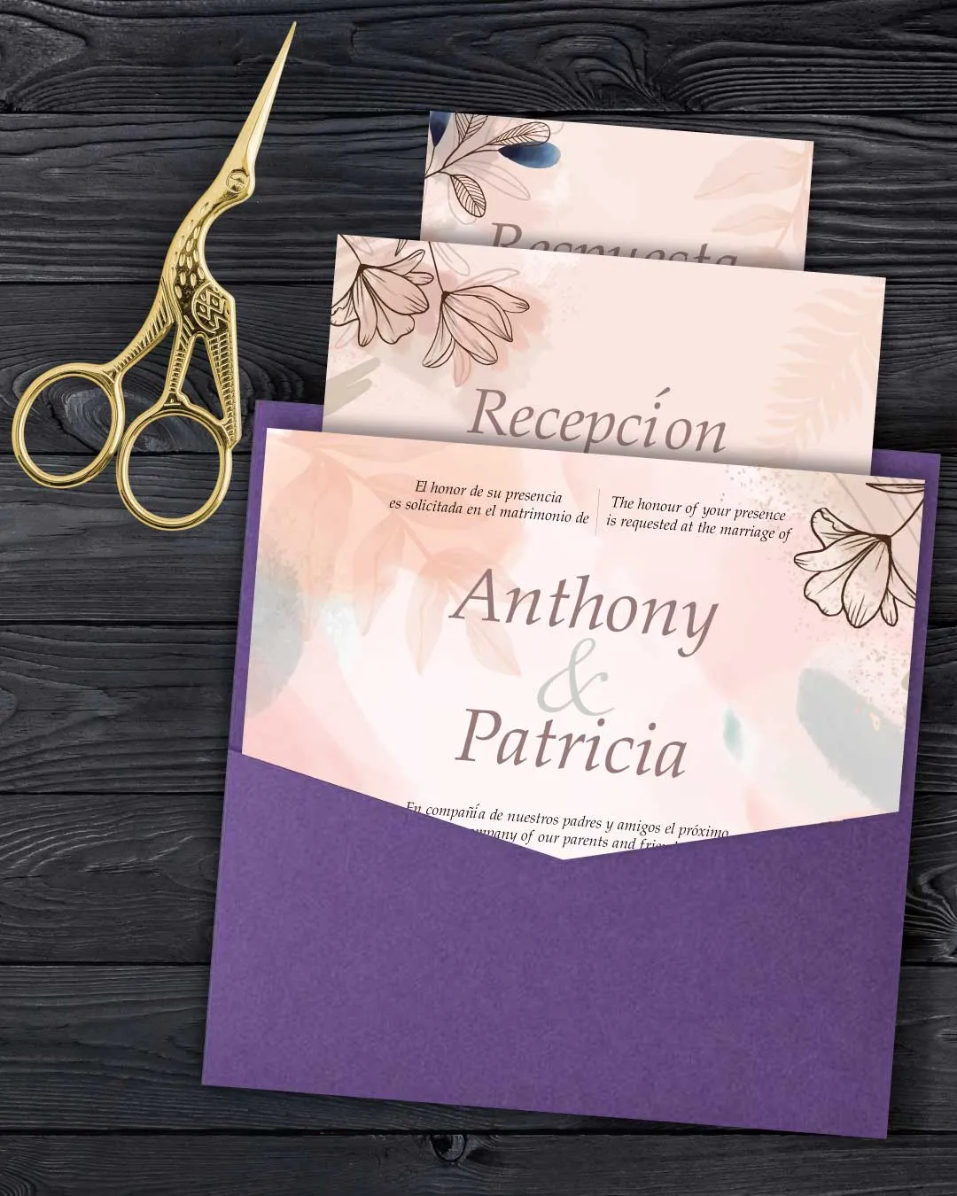 Abstract Watercolor and Magnolia 6 1/4 Square Denali Pocket Spanish & English Wedding Invitation